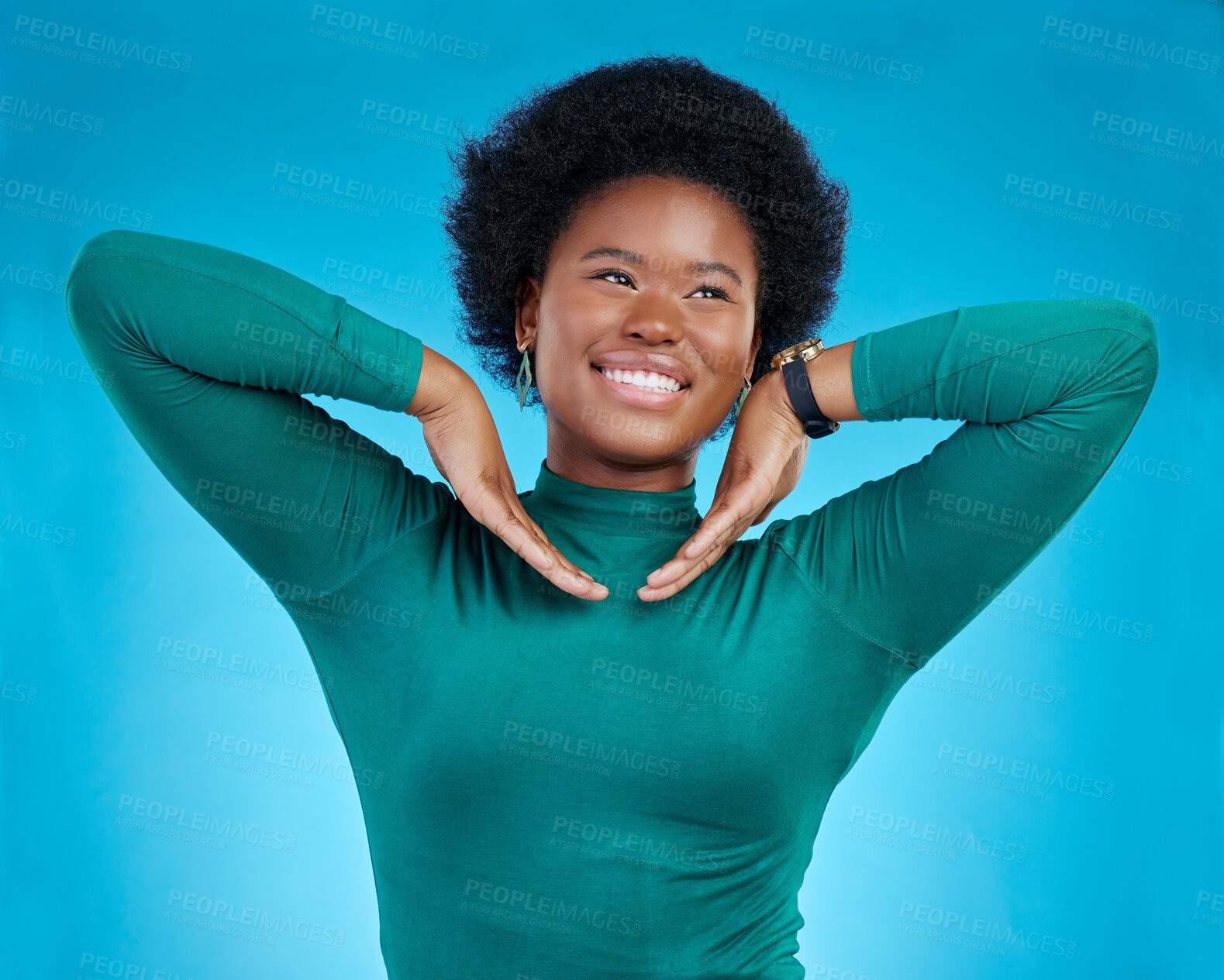 Buy stock photo Happy, face and excited with hands or black woman in blue background or positive mindset with fashion. Freedom, beauty and style with african female or smile with confidence with proud expression.