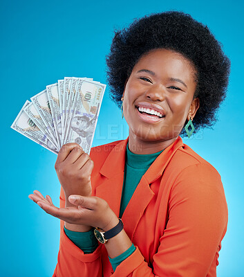 Buy stock photo Money, offer and business woman in portrait for winning, cash and lottery fan on blue background. Face, investment and rich african person or winner with bonus, cashback and financial loan in studio
