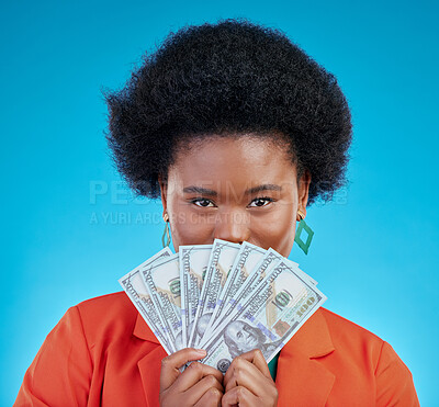 Buy stock photo Money, winner and woman cover face on blue, studio background for winning, cash fan or financial loan. Lottery, bank and young african person with bonus, budget secret and finance profit in portrait