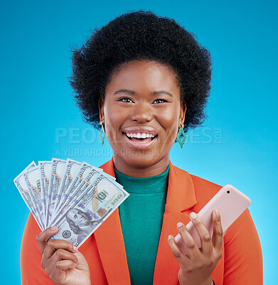 Buy stock photo Black woman, money fan and phone in studio portrait with wow, surprise or happy for profit by blue background. African gen z girl, smartphone and cash with smile, winner or gambling app for giveaway