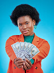 Money, fan and business woman in portrait for winning, cash and lottery offer on blue background. Face, investment and rich african person or winner with bonus, cashback and financial loan in studio