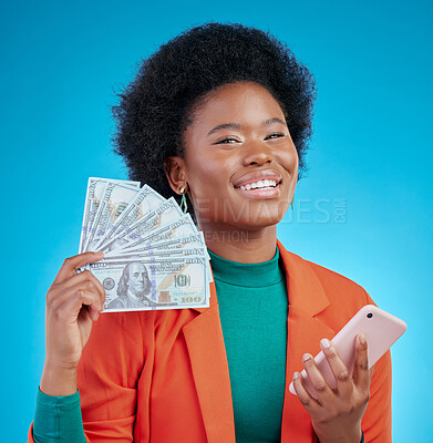 Buy stock photo Money fan, phone and woman in portrait winning, finance or online savings, profit and cash prize. Success, bonus and winner or african person on mobile, cashback and banking on blue studio background