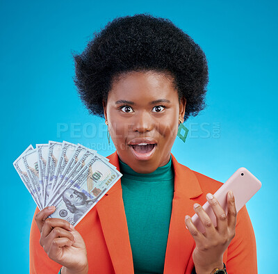 Buy stock photo African woman, cash and phone in studio portrait with wow, surprise and happy for profit by blue background. Black gen z girl, smartphone and money with shock, winner and gambling app for giveaway
