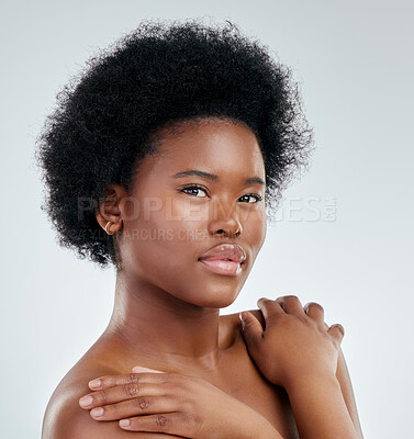 Buy stock photo Face, skincare and beauty of black woman, confident and isolated in studio on a white background. Serious, portrait and natural model with cosmetics, facial treatment or aesthetic, wellness or health