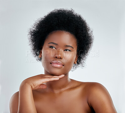 Buy stock photo Face, beauty and skincare of black woman, serious and isolated in studio on white background. Confident, hand or natural African model with cosmetic, facial treatment or aesthetic, wellness or health