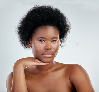 Buy stock photo Face, beauty and skincare of black woman with hand in studio isolated on a white background. Portrait, serious and natural model with cosmetics, facial treatment or aesthetic, wellness and confident