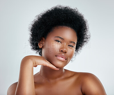 Buy stock photo Face, beauty and skincare of black woman with confidence in studio isolated on a white background. Portrait, serious and natural model with cosmetic, facial treatment or aesthetic, wellness or health