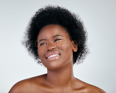 Buy stock photo Skincare, natural hair and face with black woman on white background for cosmetic wellness in studio. Beauty, dermatology and african girl with shine for treatment and healthy glow on mock up.