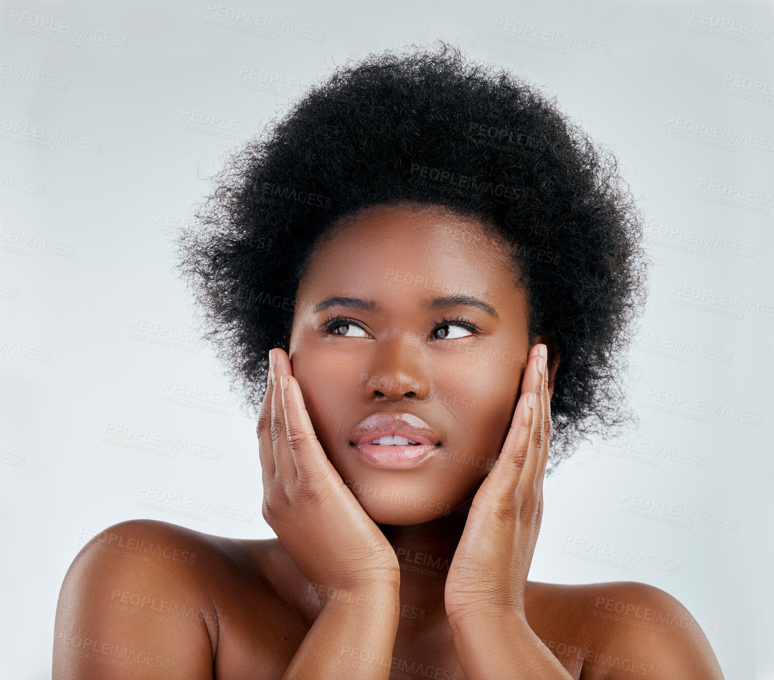 Buy stock photo Self care, beauty and African woman in a studio with a natural, wellness or cosmetic face routine. Health, young and headshot of a female model with facial dermatology treatment by a gray background.