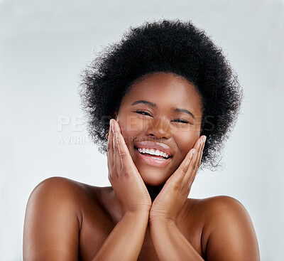 Buy stock photo Skincare, beauty and portrait of a woman in studio with a natural, wellness or cosmetic face routine. Health, young and headshot of an African female model with facial dermatology by gray background.