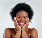 Wellness, beauty and portrait of a woman in studio with a natural, skincare or cosmetic face routine. Health, young and headshot of an African female model with facial dermatology by gray background.