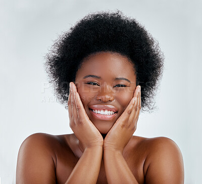 Buy stock photo Wellness, beauty and portrait of a woman in studio with a natural, skincare or cosmetic face routine. Health, young and headshot of an African female model with facial dermatology by gray background.