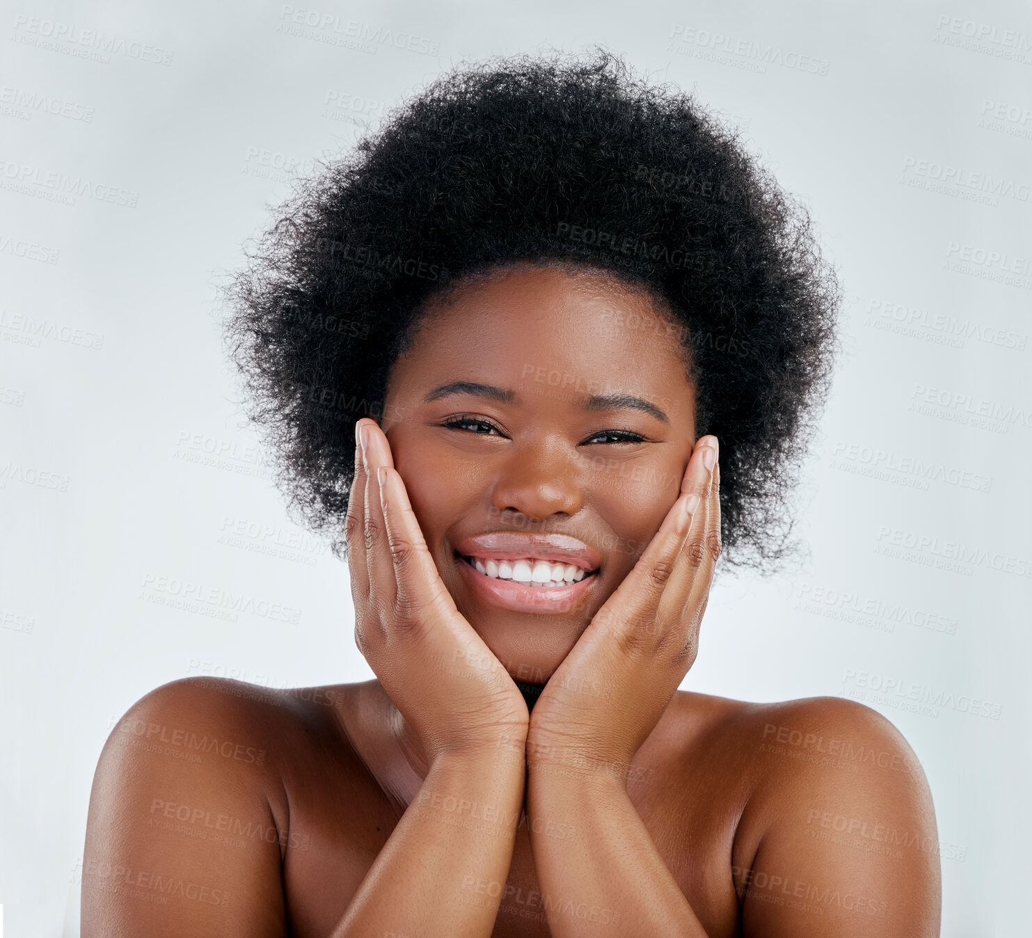 Buy stock photo Wellness, beauty and portrait of a woman in studio with a natural, skincare or cosmetic face routine. Health, young and headshot of an African female model with facial dermatology by gray background.