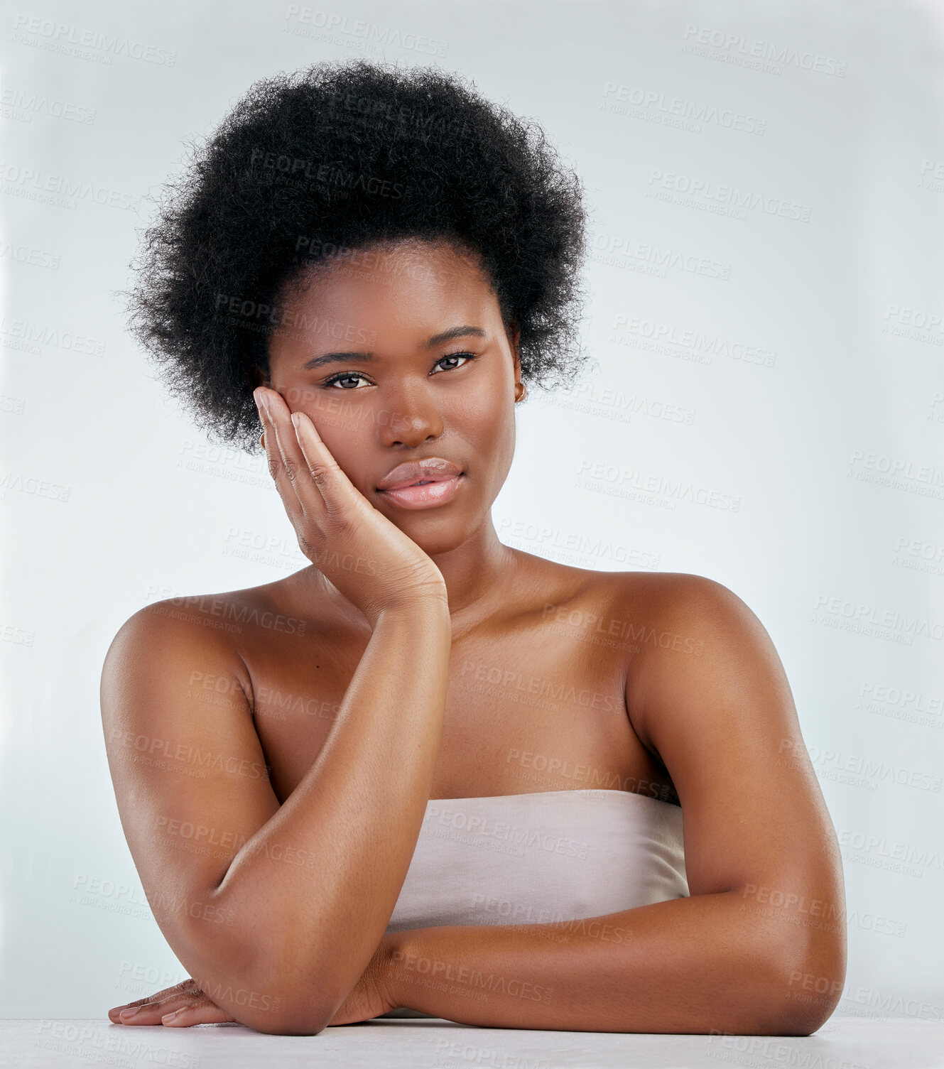 Buy stock photo Black woman, portrait and relax in skincare with afro for natural beauty against a white studio background. African female person or model satisfaction for perfect skin, hygiene and facial treatment
