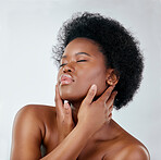 Afro, beauty and skincare with black woman or cosmetics in studio background for glow. Natural, face and hand with african girl for haircare or treatment, shine for self love or wellness in mock up.