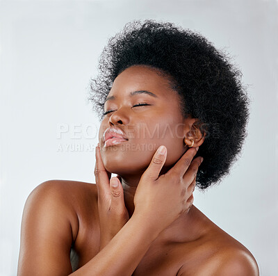 Buy stock photo Afro, beauty and skincare with black woman or cosmetics in studio background for glow. Natural, face and hand with african girl for haircare or treatment, shine for self love or wellness in mock up.