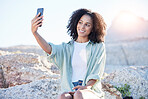 Woman, smile and selfie at beach on travel blog, social media post or memory of summer vacation. Happy female influencer, photography or gen z content creator on holiday, freedom or sunshine at ocean