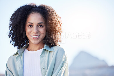 Buy stock photo Happy, summer and portrait of a woman in the city for sun, smile and vacation with mockup. Travel, morning and headshot of a young girl with space for advertising on bokeh on a urban holiday