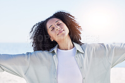 Buy stock photo Woman at beach, freedom and travel with peace outdoor, mindfulness and calm with sunshine and fresh air. Young female person, carefree and zen with wellness, nature and summer with adventure 