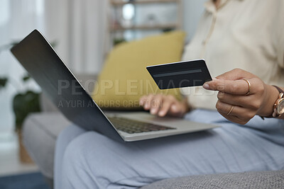 Buy stock photo Laptop, credit card in hand and online shopping with woman at home, fintech and payment of bills with internet banking. Female person on sofa, e commerce and pc, store website discount and finance