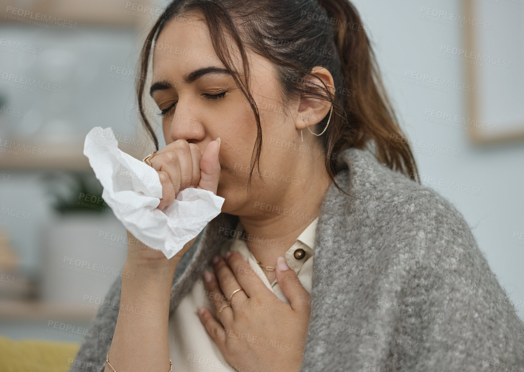 Buy stock photo Woman with cough, tissue and sick with health problem, flu or allergies, chest pain and asthma at home. Young female with fever, bacteria in lungs and virus, infection and sinus with tuberculosis