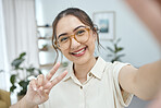 Woman, smile in selfie with peace hand sign, emoji and social media influencer with post or live streaming. Young female person, gen z and happy posing in picture, memory and content creation