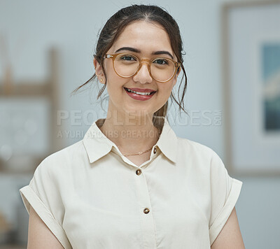 Buy stock photo Latino woman, portrait and smile in office with glasses, ambition and clothes for career in finance agency. Young accounting employee, happy and confident for future, opportunity and start at new job