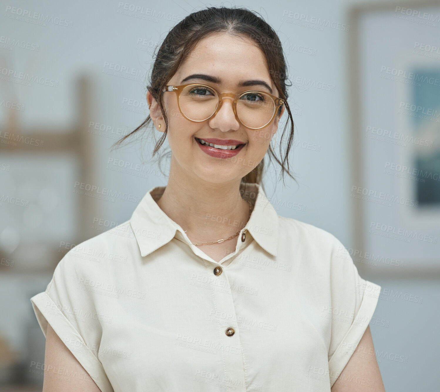 Buy stock photo Latino woman, portrait and smile in office with glasses, ambition and clothes for career in finance agency. Young accounting employee, happy and confident for future, opportunity and start at new job