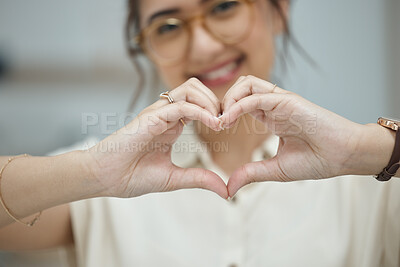 Buy stock photo Heart, love and happy with hand of woman for thank you, support and peace. Kindness, hope and motivation symbol with closeup of female person and sign at home for emoji, care and romance icon