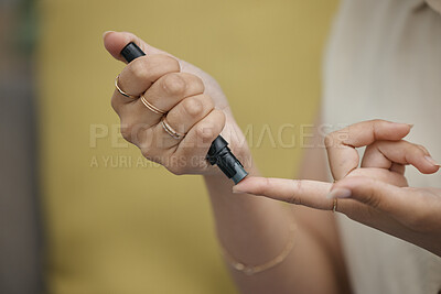 Buy stock photo Hands, woman and blood sugar pen for diabetes in healthcare, medical testing or diabetic medicine. Closeup of person poke fingers with needle to check insulin, monitor glucose and glucometer results 