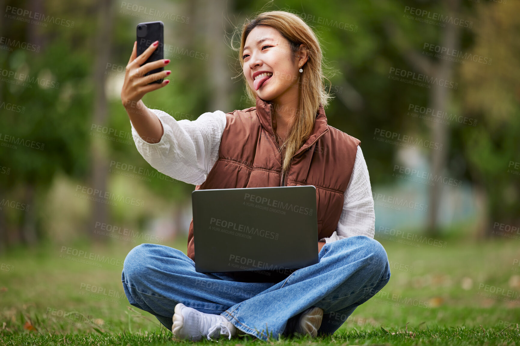 Buy stock photo Selfie, asian and woman student in a park to update social media while outdoor studying and learning online. Internet, web and young person or influencer takes picture in nature for peace and calm