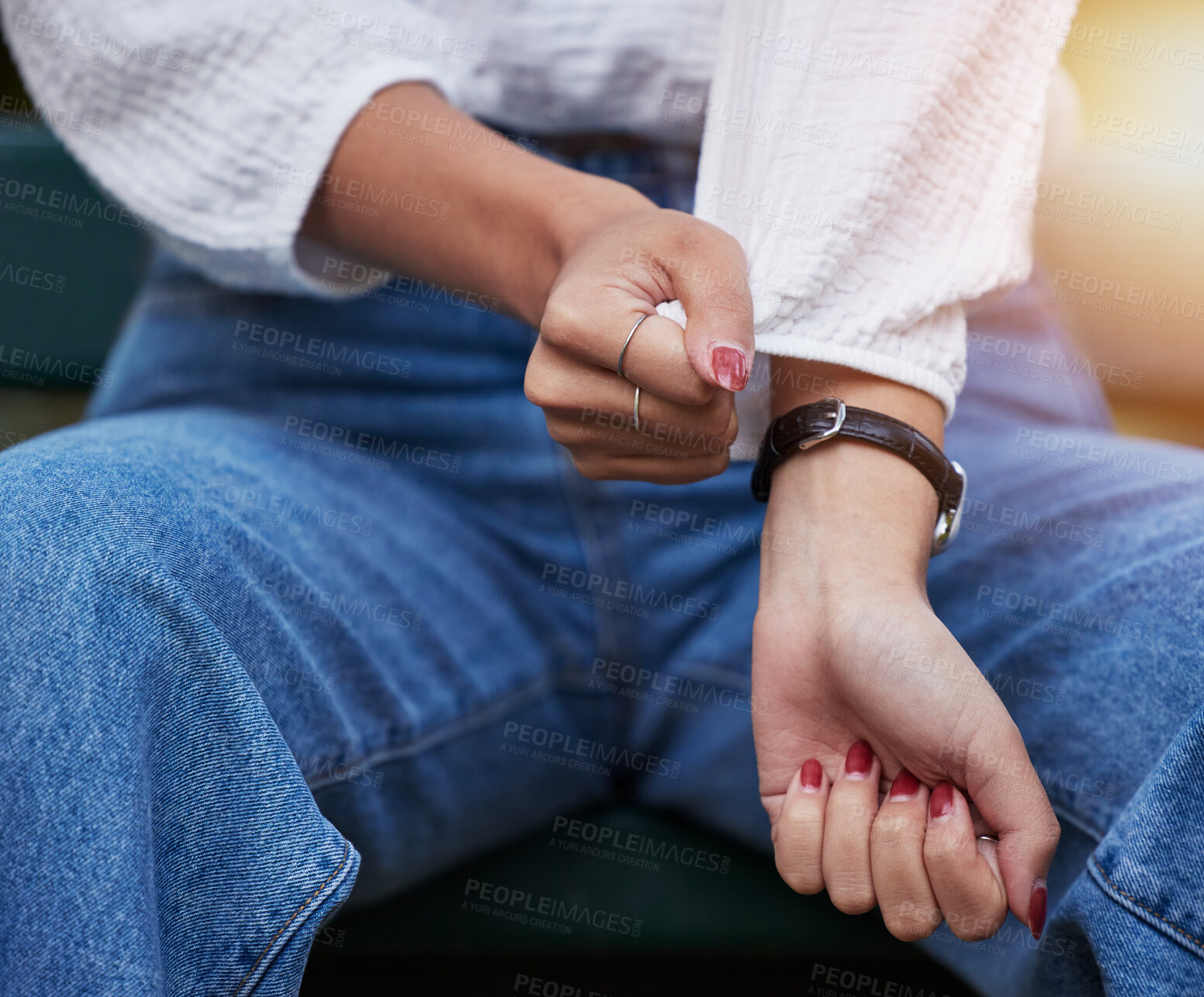 Buy stock photo Watch, sleeve and hands of person with anxiety at an outdoor park with worry and jewelry fashion in nature. Manicure, ring and nervous woman with a classy wrist accessory and cosmetic nail polish