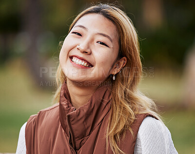 Buy stock photo Happy, smile and portrait of Asian woman in park for holiday, freedom and relaxing outdoors. Happiness, nature and face of female person with joy, confidence and positive mindset for travel in summer