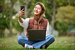 Selfie, asian and woman student on video call in a park to connect to contact while outdoor studying online. Internet, laptop and young person or influencer takes picture in nature for peace and calm