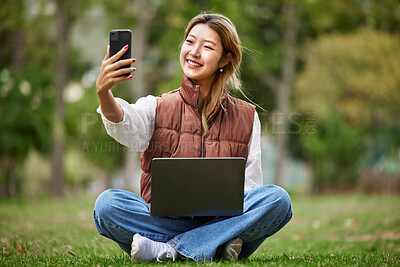 Buy stock photo Selfie, asian and woman student on video call in a park to connect to contact while outdoor studying online. Internet, laptop and young person or influencer takes picture in nature for peace and calm