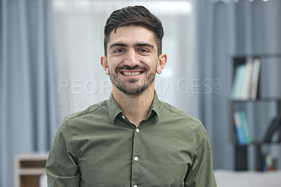 Buy stock photo Smile, intern and accountant man in an office happy for company profit and financial goals in a business. Employee, worker and portrait of a young businessman confident for startup finance mission