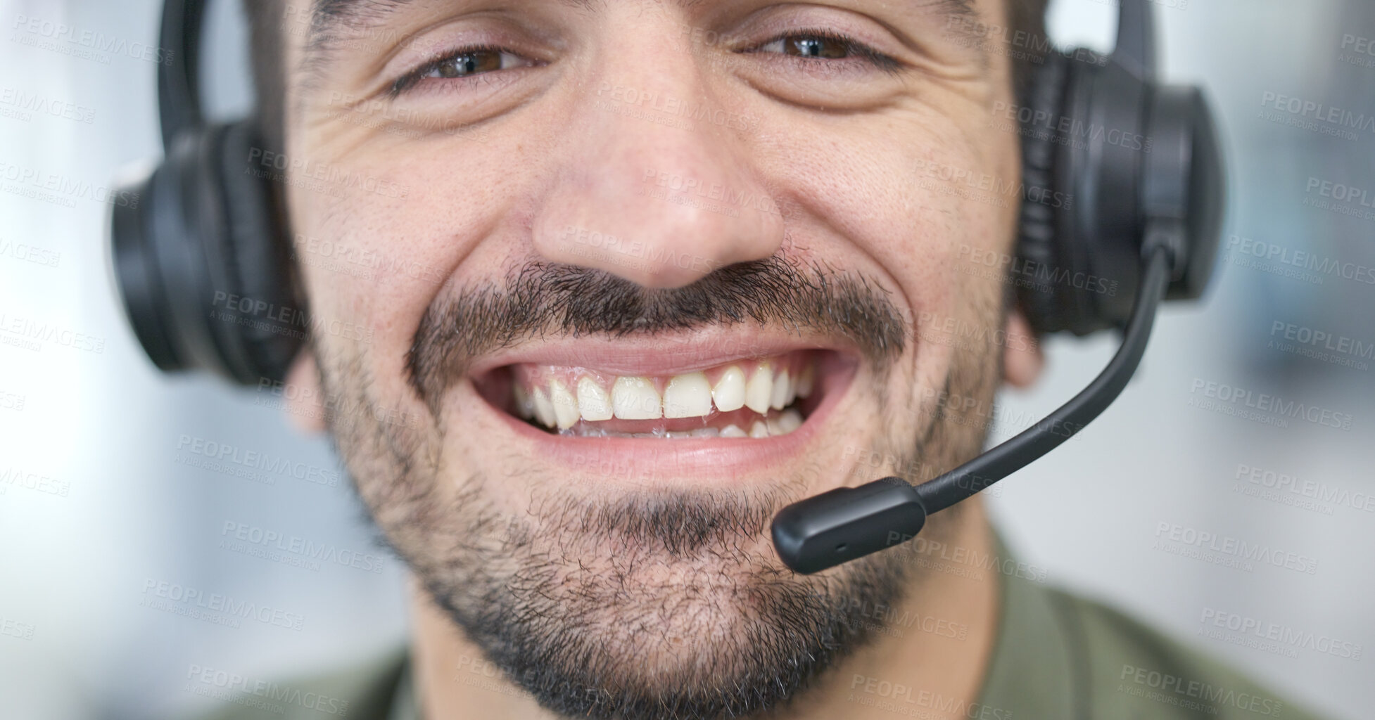 Buy stock photo Call center, man face and consultant in virtual communication, business support and ecommerce help. Mouth, headphones and happy IT agent or sales person closeup for customer service and speaking