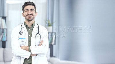 Doctor, man and portrait with arms crossed for healthcare, hospital services and support on banner or mockup space. Face of medical professional or Saudi Arabia person for health insurance or clinic