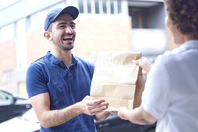 Buy stock photo Happy man, delivery and paper bag in the city for courier service, fast food or online shopping at the door. Male person giving customer parcel, package or order for transport, logistics or ecommerce