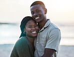 Black couple, happy and portrait outdoor at the beach with love, care and commitment. Smile on face of young african man and woman together on vacation, holiday or sunset travel adventure in Jamaica