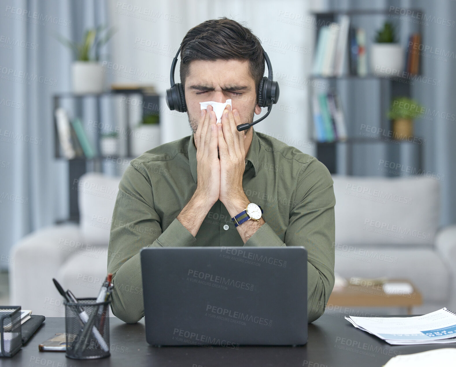 Buy stock photo Sick man, laptop and blowing nose in telemarketing or remote work with tissue at home office. Frustrated male person, consultant agent or freelancer with flu, virus or infection by computer in house