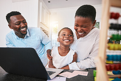 Buy stock photo Black family, laptop and elearning, education and happy, parents help child with kindergarten school work. Teaching, learning and support, man and woman with young boy at home, online class and fun