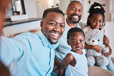 Buy stock photo Black family, selfie and father on a couch with children on a couch or sofa bonding, smile and happy in a home. African, grandfather and dad relax with kids as love, care and support in living room