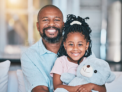 Buy stock photo Black family, grandfather and portrait of girl in home living room, bonding and relax together with teddy bear. African grandpa, happy and face of child with care, love and smile in house with toys