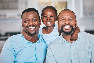 Buy stock photo Black family, grandfather and father with girl in portrait, bonding and relax together in home. African grandpa, dad and face of child with care, love and smile, happy and enjoying quality time