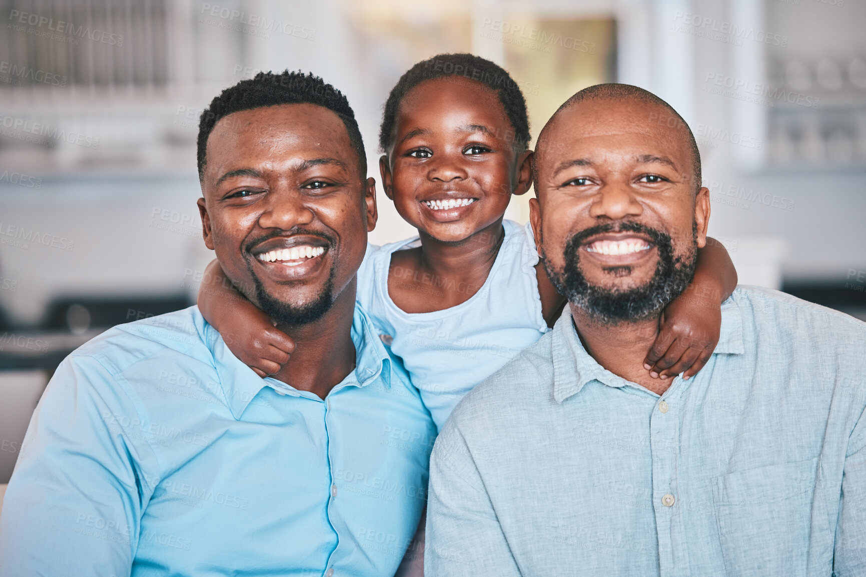 Buy stock photo Black family, grandfather and father with girl in portrait, bonding and relax together in home. African grandpa, dad and face of child with care, love and smile, happy and enjoying quality time