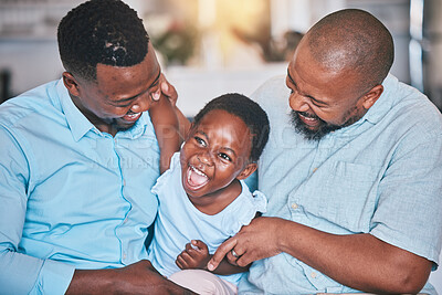 Buy stock photo Black family, grandfather or dad playing with child bonding or laughing to relax together at home. African grandpa, happy funny kid or happy dad tickling girl with care, smile or love enjoying humor