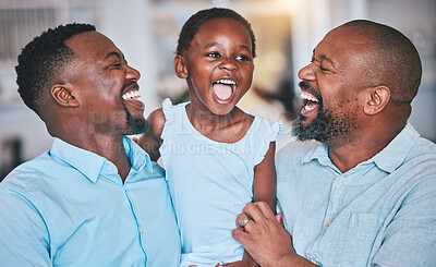 Buy stock photo Black family, grandfather or dad laughing with child bonding or playing to relax together at home. African grandpa, happy funny kid or happy dad tickling girl with care, smile or love enjoying humor