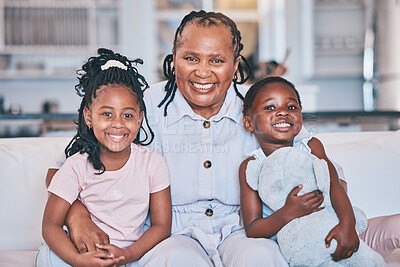 Buy stock photo Black children, portrait and senior grandmother on sofa with quality time with love in family home. Kid, together and happy face on couch with elderly female with care in lounge with smile.