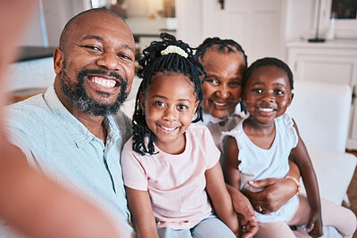 Buy stock photo Selfie, father and portrait with black family on sofa in living room with love in home Memory, happy face and man, kid and grandmother on couch for quality time or profile photo with african people.